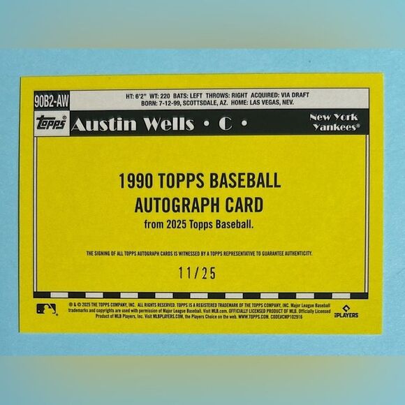 2025 Topps Yankees Austin Wells on card Autograph numbered 11/ 25 - Picture 2 of 2